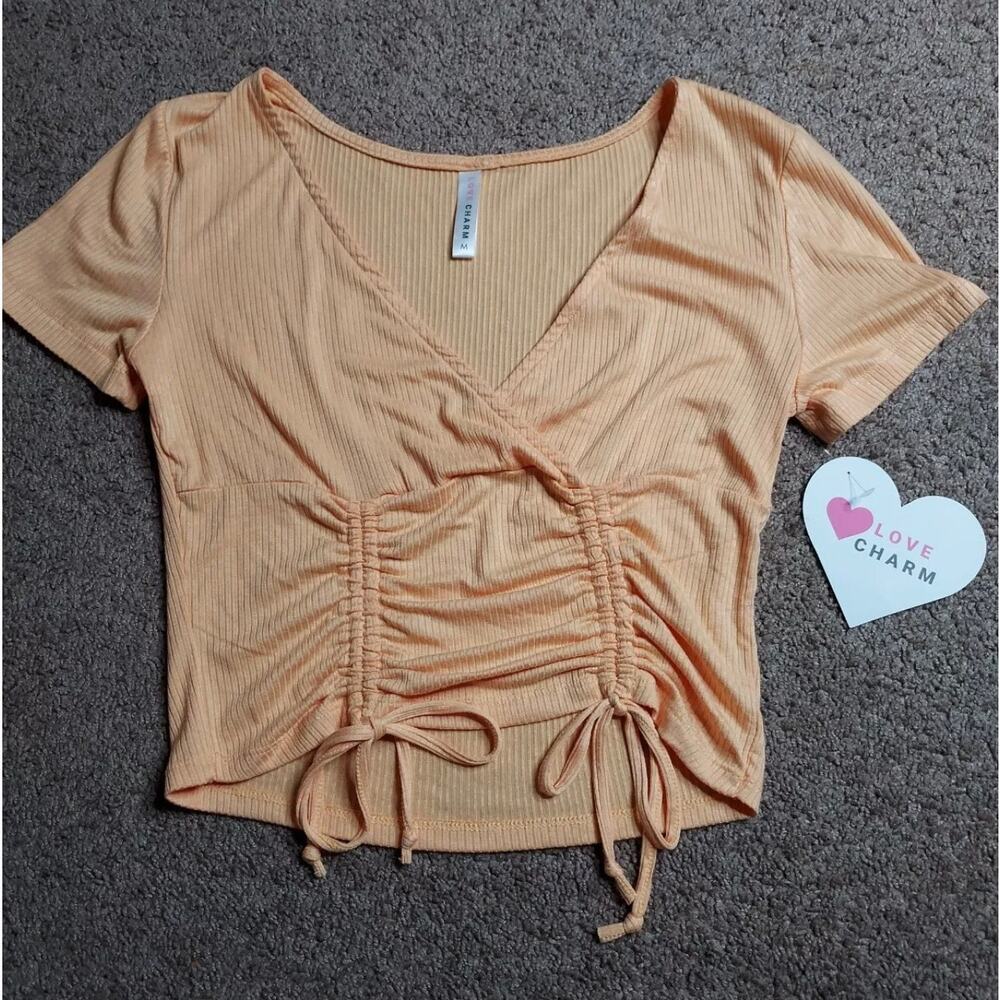 NWT Women's Size Medium Love Charm Orange Cropped V-Neck Blouse